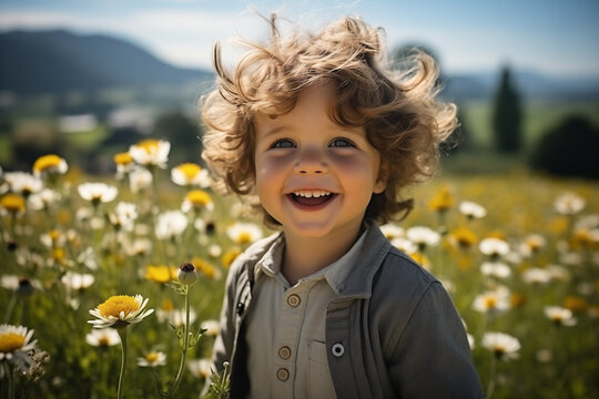 Bel bambino felice in un prato pieno di fiori in primavera