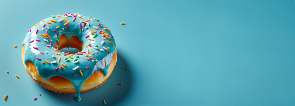 Unhealthy junk food. Delicious donut on a pastel blue color background with colorful decorations. Banner with copy space