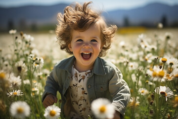 Bel bambino felice in un prato pieno di fiori in primavera - obrazy, fototapety, plakaty