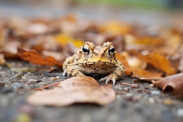 Naklejka premium toad camouflaged among fallen leaves