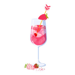 Cupid's cocktail isolated on white background. Alcohol drink with champagne, Strawberry, Grapefruit juice, Gin. Vector illustration for Valentine's day, Women Romantic holiday