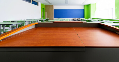 School classroom with desks and chairs