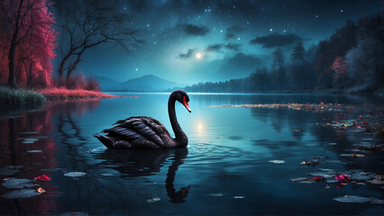A graceful black swan glides gracefully across a serene lake in a mountain forest at night. Soft moonlight illuminates the scene. - obrazy, fototapety, plakaty