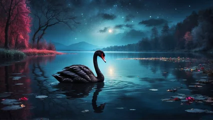 Poster A graceful black swan glides gracefully across a serene lake in a mountain forest at night. Soft moonlight illuminates the scene. © vlukas