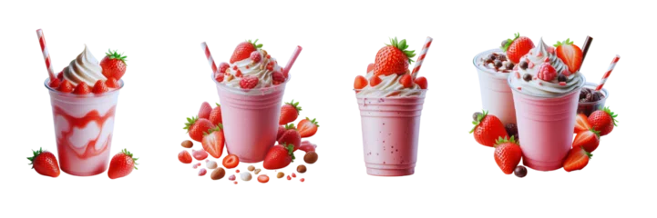 Fotobehang Collection Set of Strawberry Milkshake on plastic cup, isolated over on transparent white background. © Mithun