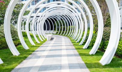 A corridor with an arched frame