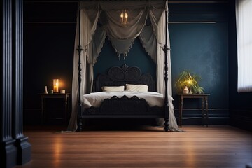 black lace-covered four-poster bed in a dim room