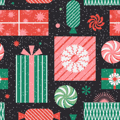 Christmas seamless pattern for holiday wrapping paper or modern New Year textile on a black background with snow. Vector.