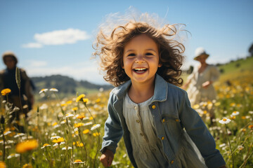Bella bambina corre felice in un prato pieno di fiori in primavera