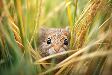 vole nestled in a clump of wild meadow grasses - obrazy, fototapety, plakaty