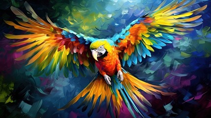 oil painting style illustration, macaw bird flying in tropical jungle ,cute and adorable wildlife, idea for wall art decor and background wallpaper, Generative Ai