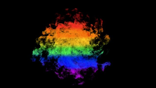 Smoke colored in rainbow scale colors exploding forming flag of LGBTQ. Isolated on black background, white smoke on black alpha channel.