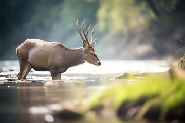 waterbuck grazing with river in soft focus