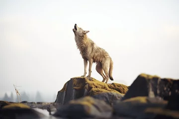 Foto op Plexiglas grey wolf standing on rock, howling solo © primopiano