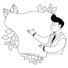 black and white illustration of a man preparing a presentation