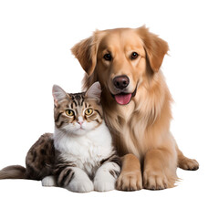 Golden retriever puppy and tabby cat sitting together, friendship animals isolated on white...