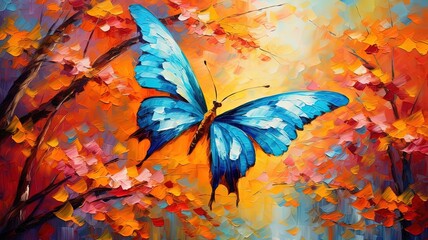 oil painting style illustration, beautiful butterfly in flowers garden ,cute and adorable wildlife, idea for wall art decor and background wallpaper, Generative Ai