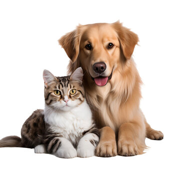 Golden retriever puppy and tabby cat sitting together, friendship animals isolated on white background