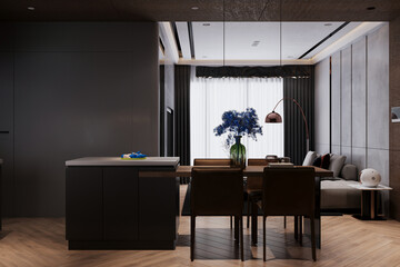 Trio's luxurious apartment features modern touches in the dining, kitchen, and living area. - obrazy, fototapety, plakaty