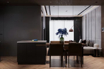 Foto op Plexiglas Trio's luxurious apartment features modern touches in the dining, kitchen, and living area. © CGI