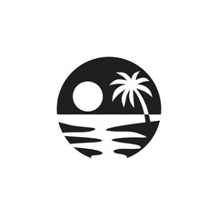 A logo of a black and white silhouette of a beach, using simple and minimalist flat design style