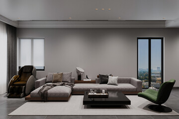 Open-space interior with luxurious modular sofa, Body massage, and armchair for living area.