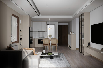 Residential apartment living room and dining room with kitchen and furniture in modern style interior.