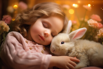Fototapeta na wymiar Little cute sleeping girl cuddles with a bunny in a bed