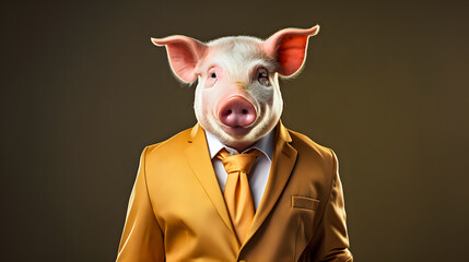 Funny pig in a yellow suit and tie on a dark background