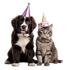 Portrait of a dog and a cat sitting together with a cake birthday isolated on white background