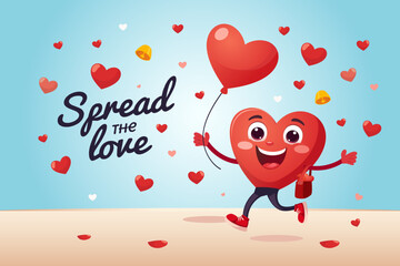 Joyful Heart cartoon holding balloon spreading love valentines banner template