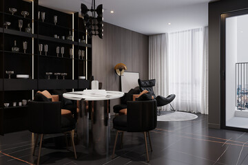 Interior design in a modern dining, dining table with chairs, and decorative wall bar.