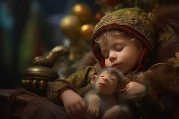 Badezimmer Foto Rückwand Little cute sleeping girl cuddles with a monkey © artefacti