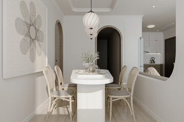 Photo delightful and bright dining area organized by white decoration and stylish stuffs.