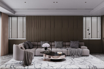 3d rendering gray sofa and luxury living room window behind the sofa.