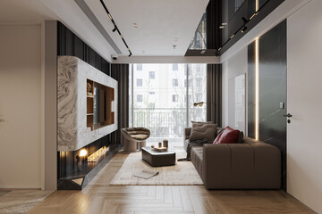 Fototapeta na wymiar Modern Apartment Living room interior design with TV panel above the firebox, brown leather sofa.
