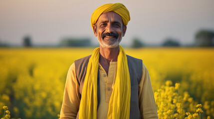 Happy indian farmer standing at mustard field - obrazy, fototapety, plakaty