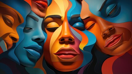 abstract human connection and emotional diversity in a vibrant multicolored faces artwork