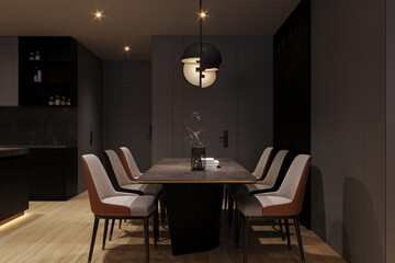 A luxurious and elegant home decor with chairs and, a table in the dining area. lighting