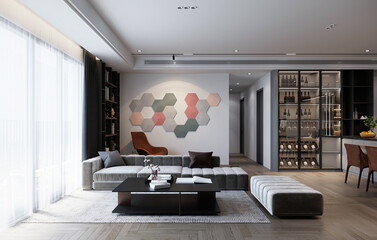 Modern Living room with Home decoration. Cozy and stylish with a sofa and 3d wall panel decor.