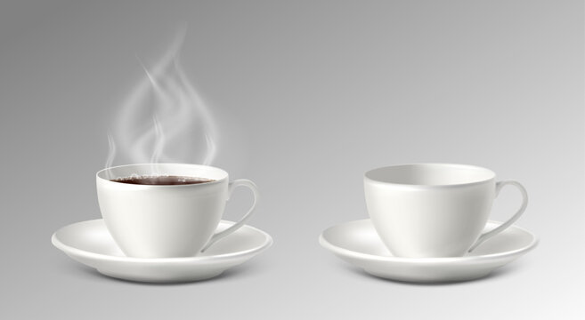 3d realistic vector icon illustration. White porcelain cup with sauser with coffee and empty.