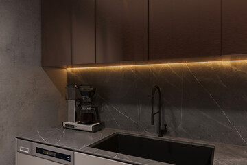 Simplistic modern kitchen, a black brass kitchen faucet with a brass trim.