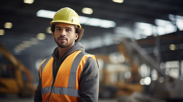 A Happy Adult Worker In Hard Hat Standing With A Construction Vehicle.