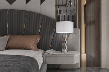 The modern bedroom features a bed, and a lamp on the console, creating a stylish interior for today's lifestyle.