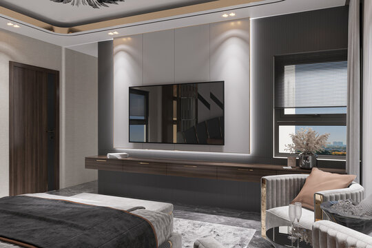 The modern bedroom features a bed and well-furnished, creating a stylish interior for today's lifestyle.