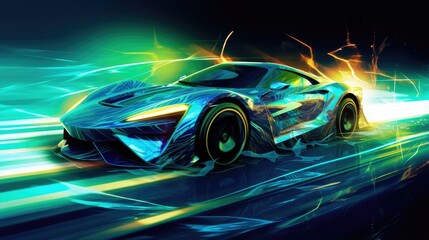 electric sports car in fast lane with glowing light effects. eco-friendly automotive innovation and high-performance transportation art - obrazy, fototapety, plakaty