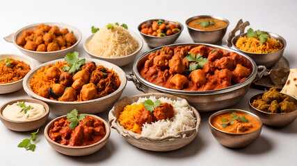 Assorted indian food items on white background