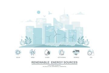 Environmental care and use clean green energy from renewable sources and low carbon concept, Wind power generators or Turbine farm and Solar cells panels, Power generation industry on city background.