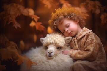 Little cute sleeping baby cuddles with an alpaca