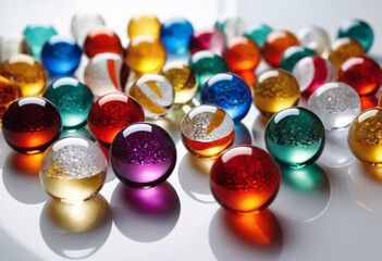 abstract balls made of multi-colored glass mixed randomly scattered on a white background